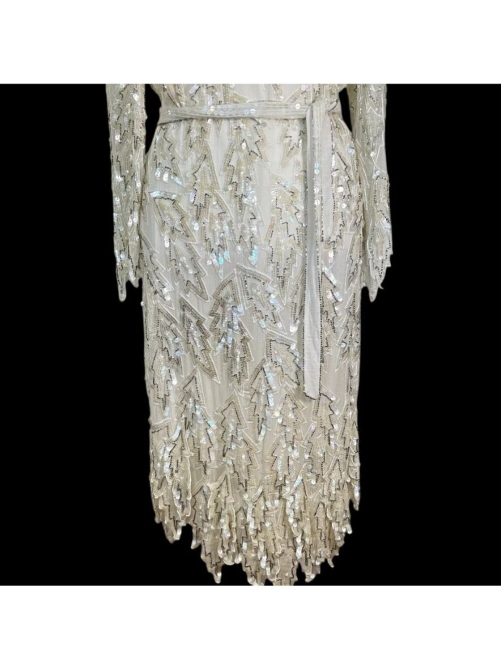 Vintage 80s Silk Sequin Beaded LWD Cocktail Bridal Wedding MOB Midi Dress M - Picture 5 of 16